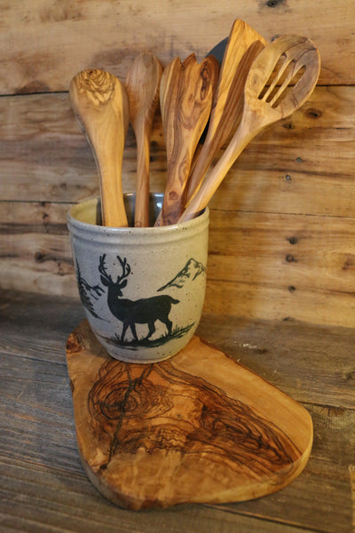 hand painted mountain landscape with deer utensil holder