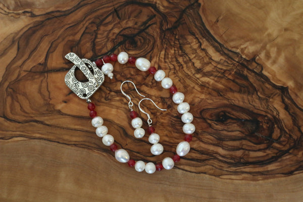 Pearl & Ruby Earring and Bracelet Set