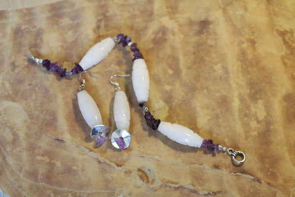 Amethyst & Carved Jade Bracelet and Earring Set