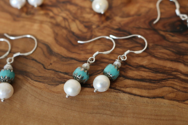 Turquoise & Pearl Set of 6 Matching Earrings