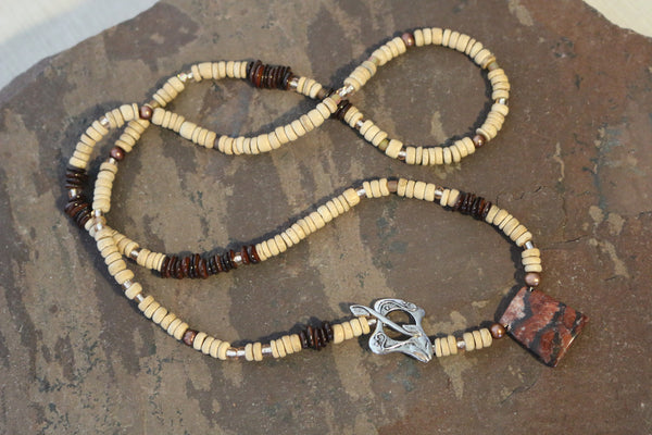Wood, Glass, and Pearl Necklace with Agate Stone