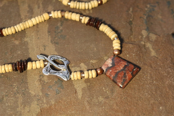 Wood, Glass, and Pearl Necklace with Agate Stone