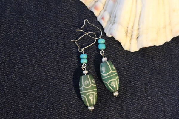 Green Carved Jade and Turquoise Earrings