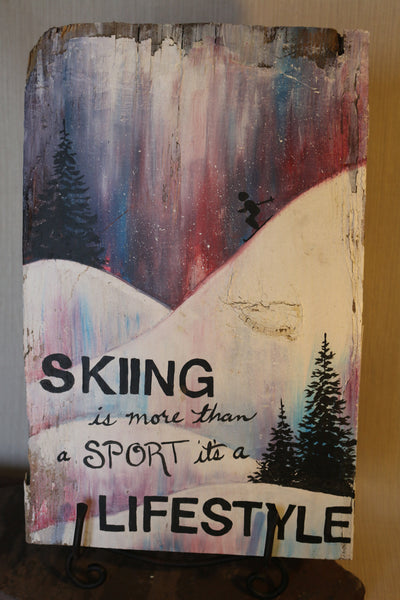 Rustic Painted Skiing Wood Sign
