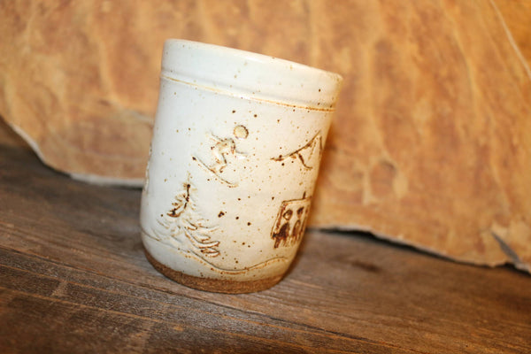 Ceramic Pottery Mug, Tumbler with White Ski Theme