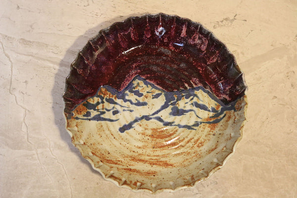 Pottery Pie Plate, Ceramic Serving Dish, Mountain Landscape Theme, Kitchenware