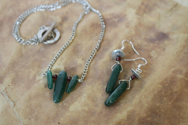 Green Jade and Red Garnet Earring and Necklace Set.