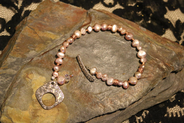 Pink Pearl Bracelet, Sterling Silver and Copper Accents, Wedding Gift, Birthday Gift, Anniversary Gift