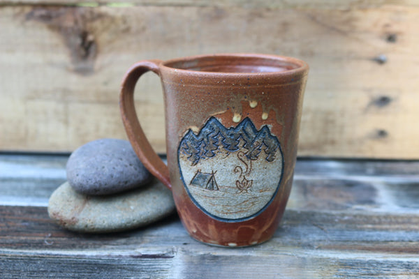 Pottery Cup Ceramic Mug Brown Camping Mountain Theme